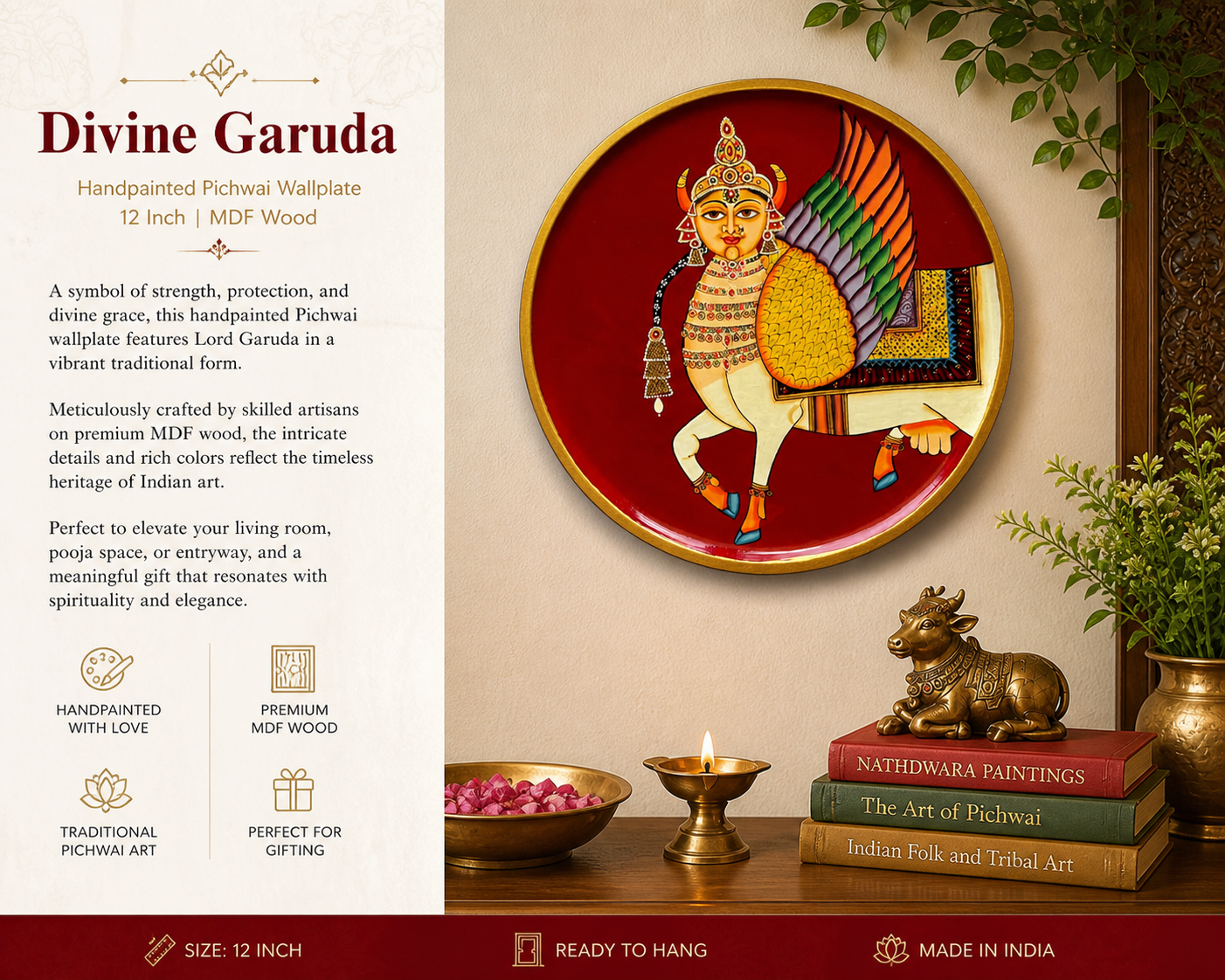 Divine Garuda – Handpainted Pichwai Wallplate (12 Inch MDF Wooden Decor)