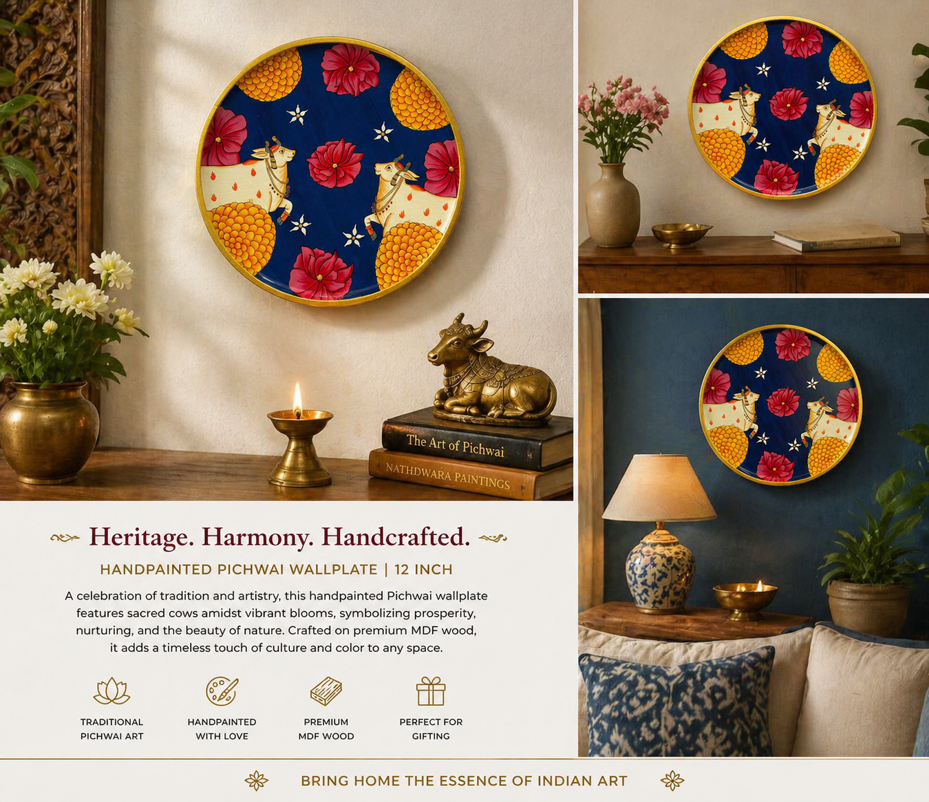 Floral Radiance – Handpainted Pichwai Cow Wallplate (12 Inch MDF Wooden Decor)