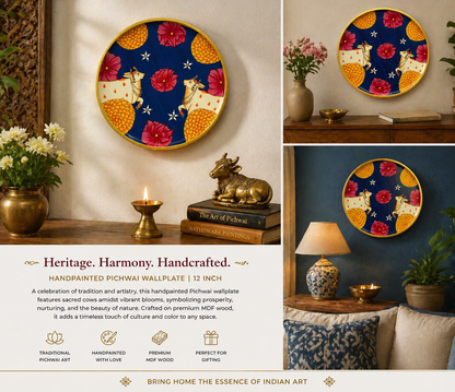 Floral Radiance – Handpainted Pichwai Cow Wallplate (12 Inch MDF Wooden Decor)