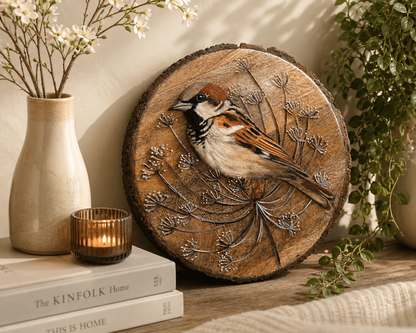 Whispers of Winter – Handpainted Sparrow on Dried Thistle Motif