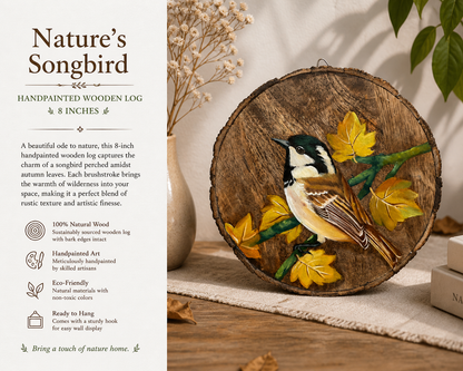 Nature’s Songbird – Handcrafted Bird & Maple Leaf Wooden Wallplate (8 In)