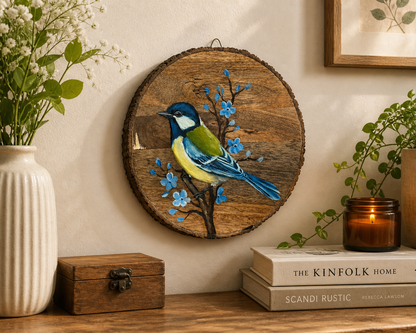 Bluebird in Bloom – Handpainted Blue Bird on Natural Wooden Log