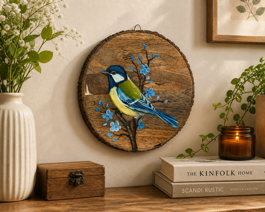 Bluebird in Bloom – Handpainted Blue Bird on Natural Wooden Log