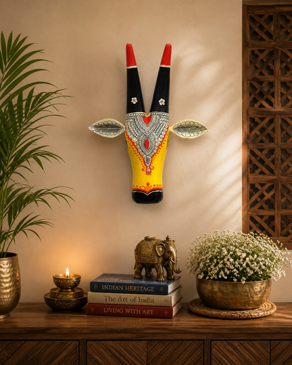 Hand-Painted Wooden Cow Head Wall Mask – Folk Art Decor by Indian Artisans (Yello and Black)