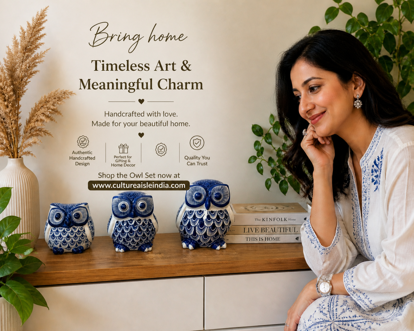 Ceramic Owl Trio – Indigo Blue Décor Set (Set of 3)
