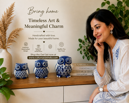 Ceramic Owl Trio – Indigo Blue Décor Set (Set of 3)