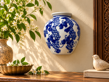 Blue & White Ceramic Grapevine Jar – Dutch-Inspired Décor (Wall-Mountable )