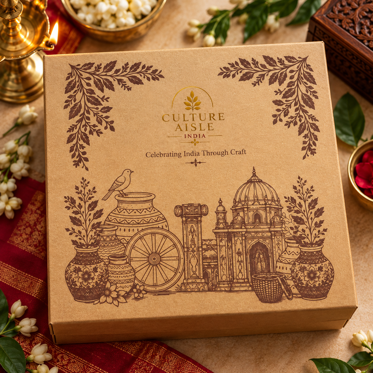 Indian Heritage Gift Hamper – Handcrafted Peacock Folk Art, Ganesha Cherial Mask and Candle / Culture Aisle India