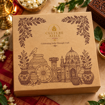 Indian Heritage Gift Hamper – Handcrafted Peacock Folk Art, Ganesha Cherial Mask and Candle / Culture Aisle India