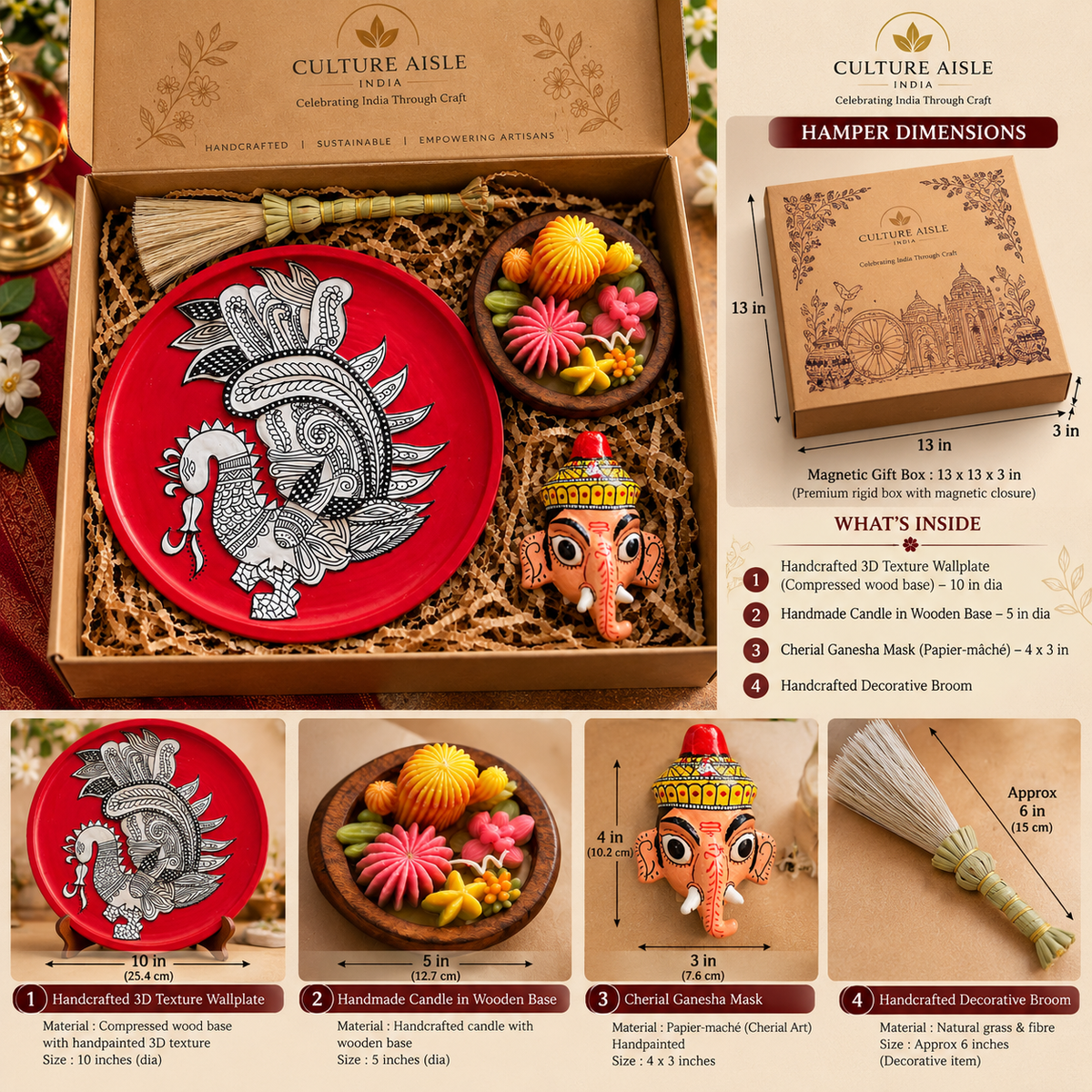 Indian Heritage Gift Hamper – Handcrafted Peacock Folk Art, Ganesha Cherial Mask and Candle / Culture Aisle India