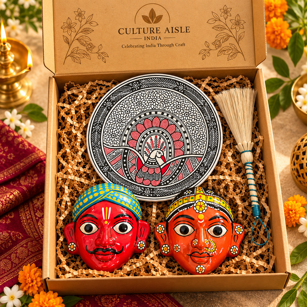 Handcrafted Cherial Mask & 3D Textured Wall Art Gift Hamper | Culture Aisle India
