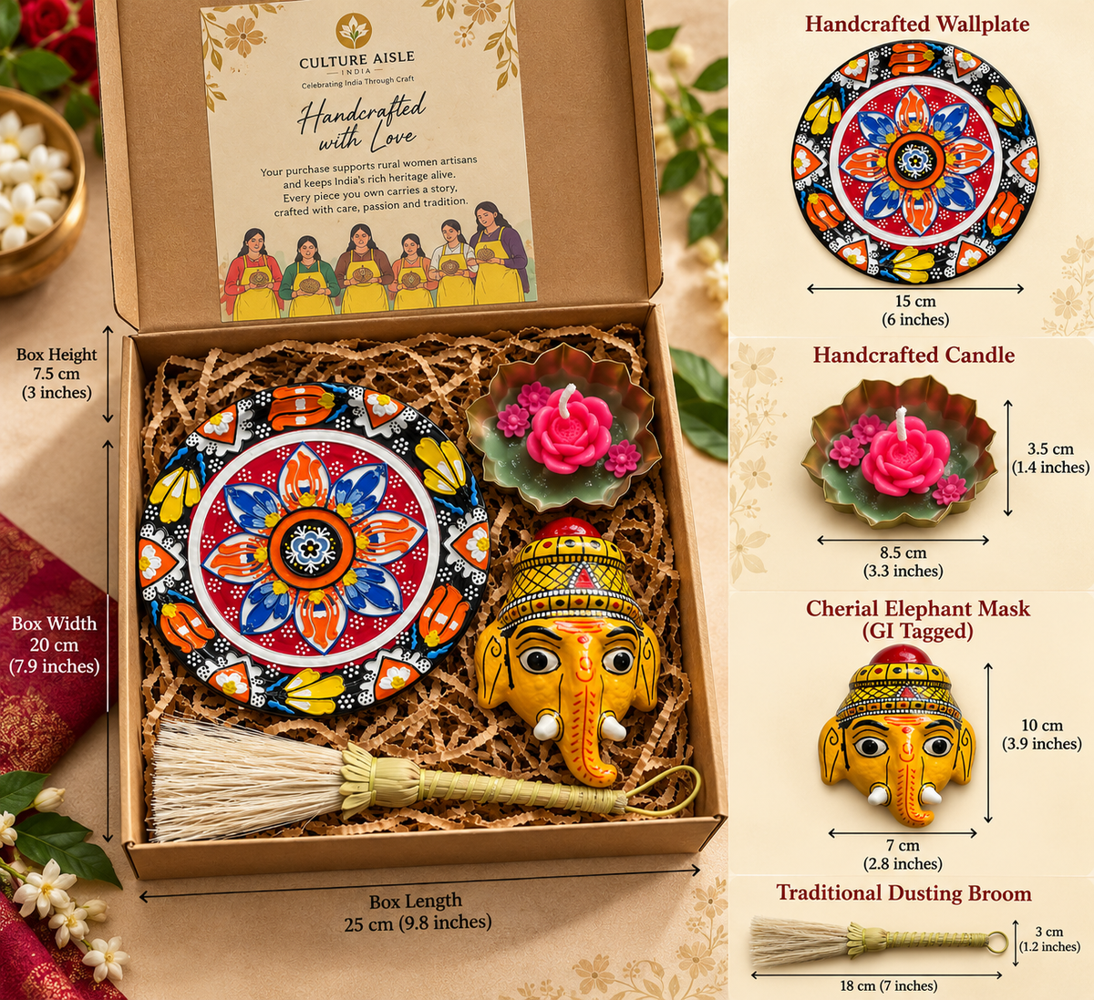 Indian Heritage Art Gift Hamper – Handcrafted Wall Plate, Cherial Ganesha Mask & Floral Candle | Culture Aisle India