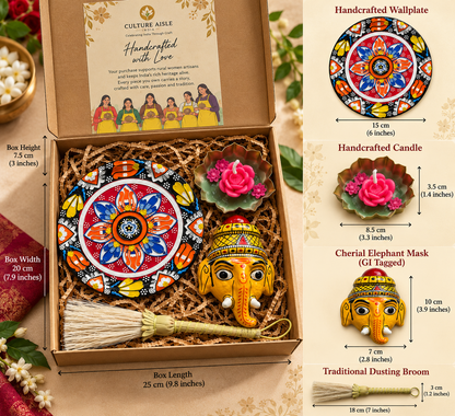 Indian Heritage Art Gift Hamper – Handcrafted Wall Plate, Cherial Ganesha Mask & Floral Candle | Culture Aisle India