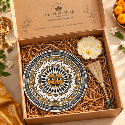 Handcrafted Indian Art Gift Hamper with Folk Art Wallplate, Floral Candle & Traditional Broom | Culture Aisle India