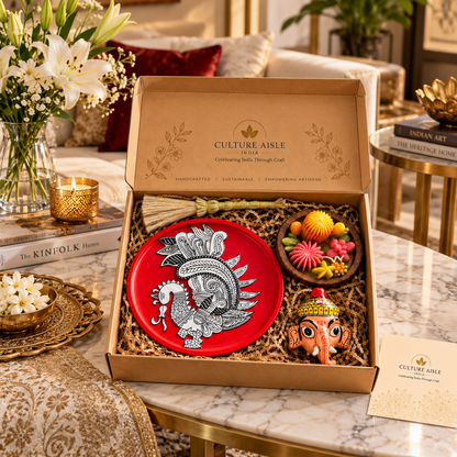 Indian Heritage Gift Hamper – Handcrafted Peacock Folk Art, Ganesha Cherial Mask and Candle / Culture Aisle India