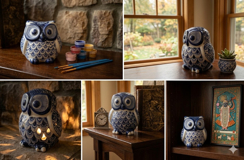 Ceramic Owl Trio – Indigo Blue Décor Set (Set of 3)