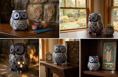 Ceramic Owl Trio – Indigo Blue Décor Set (Set of 3)