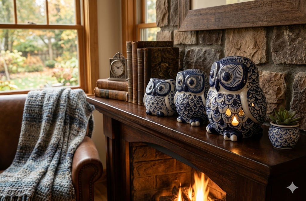 Ceramic Owl Trio – Indigo Blue Décor Set (Set of 3)