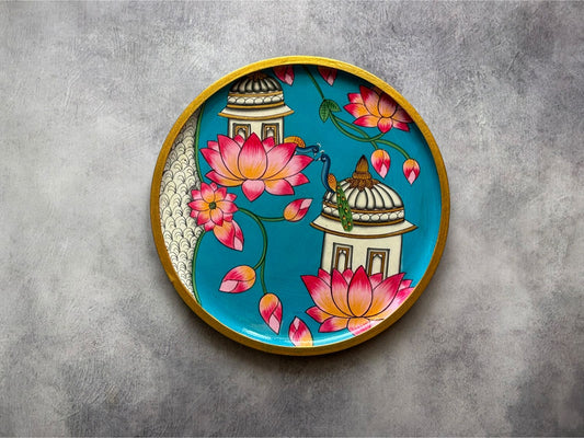 Pichwai Handpainted Wall Plate (10 Inch) – Lotus, Peacock & Palace Art (Light Blue)| Culture Aisle India