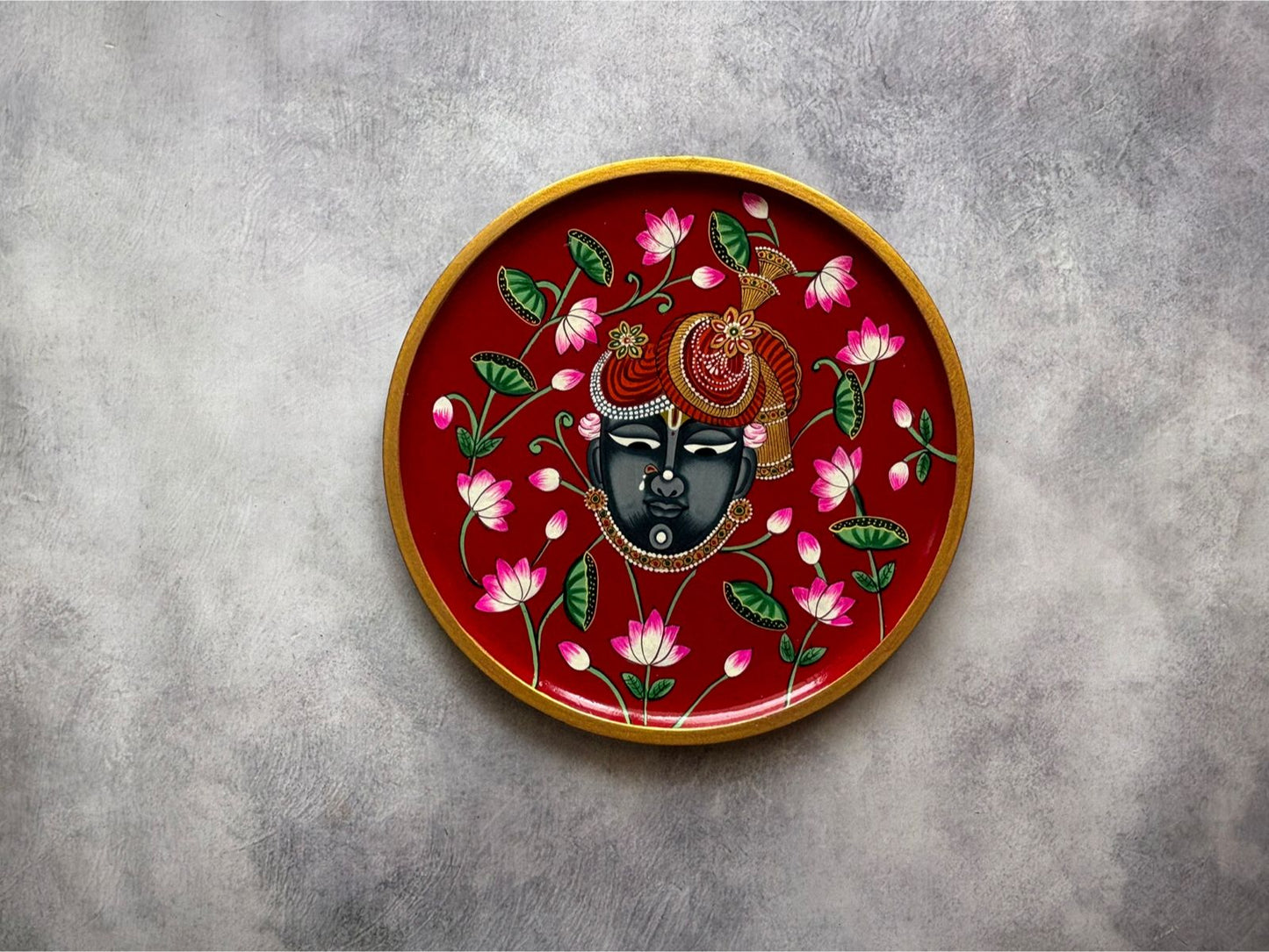 SrinathJi -Handpainted Pichwai Wallplate Red (M)