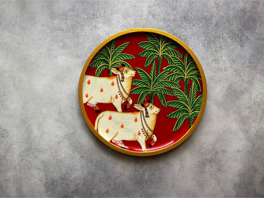 The Sacred Cow Pair Red   - Handpainted Pichwai Wallplates (M)