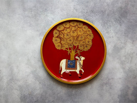 The Sacred Cow Kalpavriksha Red- Handpainted Pichwai Wallplates (M)