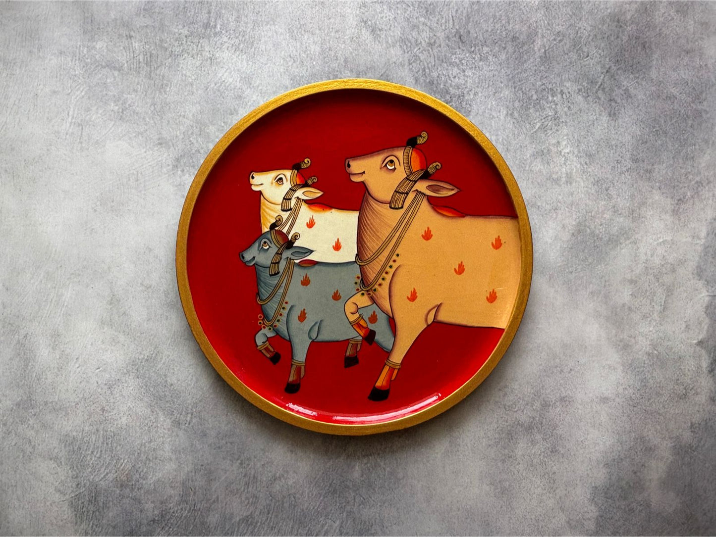 The Sacred Cow Heard red- Handpainted Pichwai Wallplates (M)