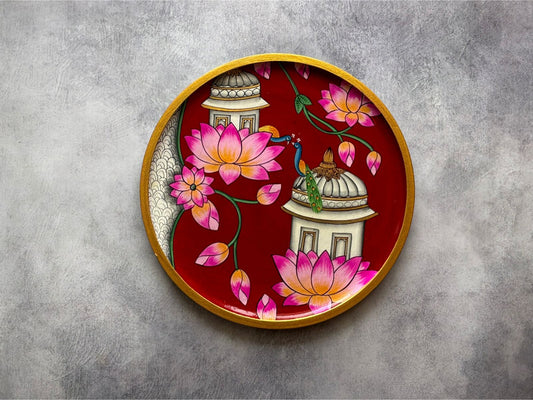 Pichwai Handpainted Wall Plate (10 Inch) – Lotus, Peacock & Palace Art (Red)| Culture Aisle India (Copy) (Copy)