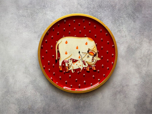 The Sacred and calf Red - Handpainted Pichwai Wallplates (M)