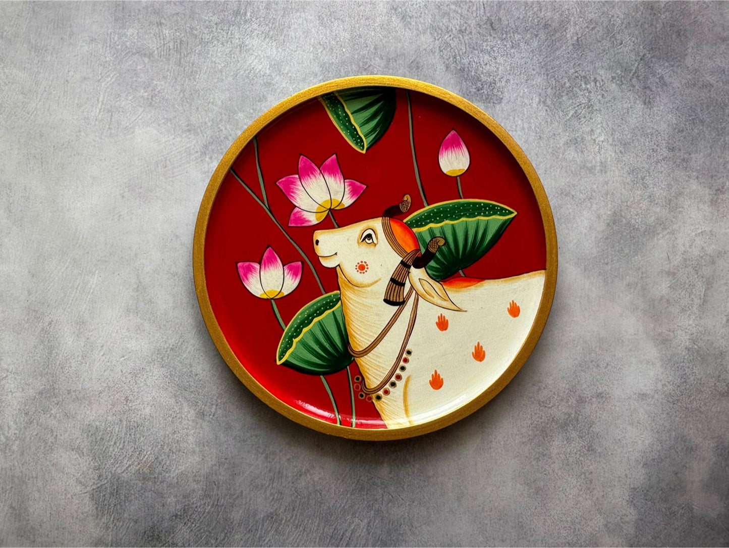 The Sacred Stride  - Handpainted Pichwai Wallplates (M) Red Cow