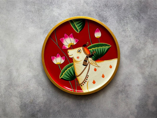 The Sacred Stride  - Handpainted Pichwai Wallplates (M) Red Cow