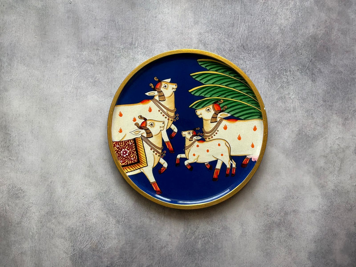 The Sacred Heard Navy Blue  - Handpainted Pichwai Wallplates (M) Cow Heard