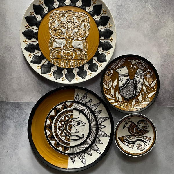 Handcrafted Tribal-Inspired Wall Plate Set (4 Pieces)