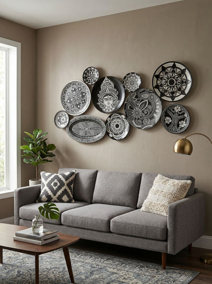 Handcrafted Black & White Wall Plate Set (10 Pieces) Set 25