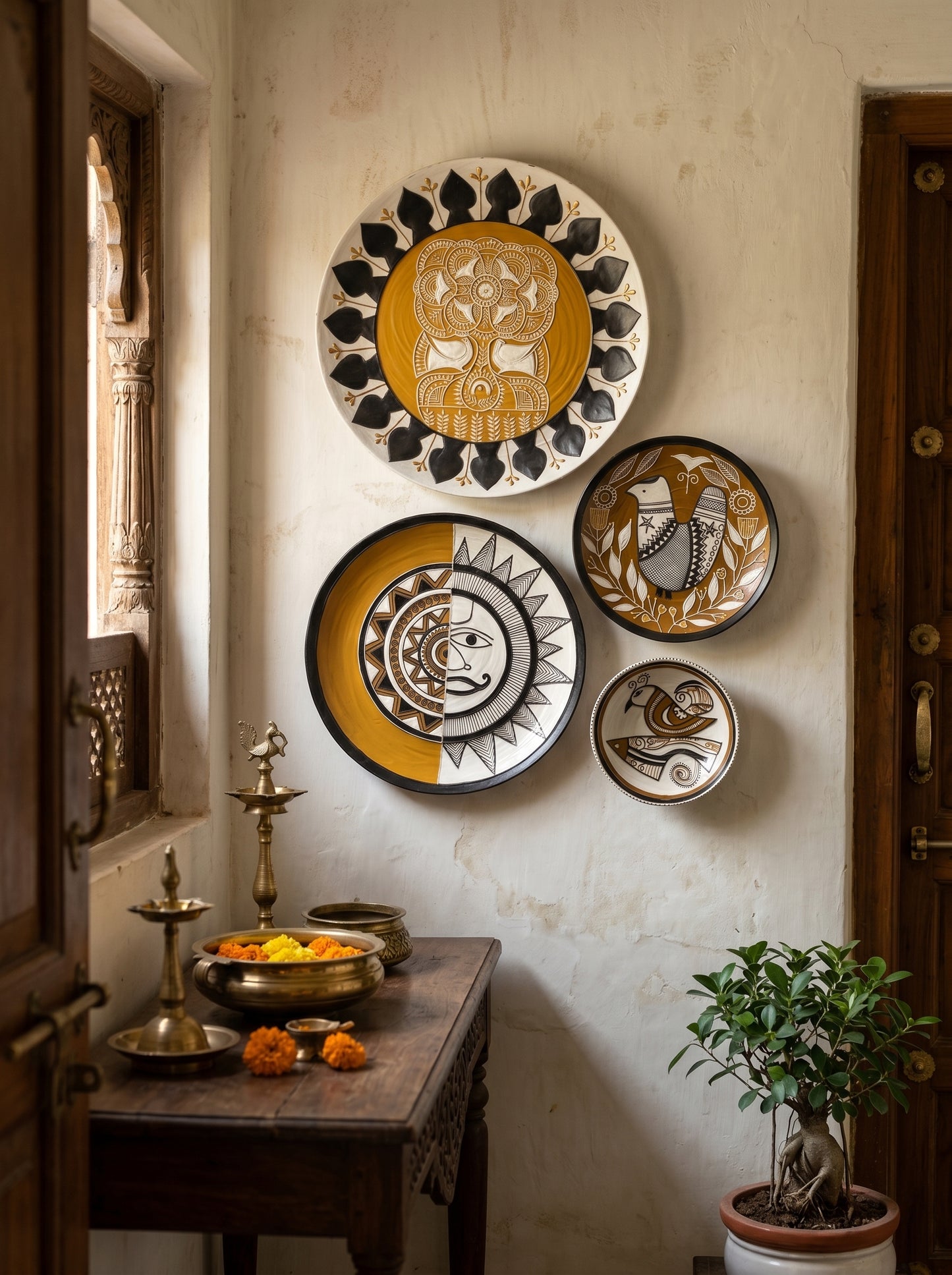 Handcrafted Tribal-Inspired Wall Plate Set (4 Pieces)
