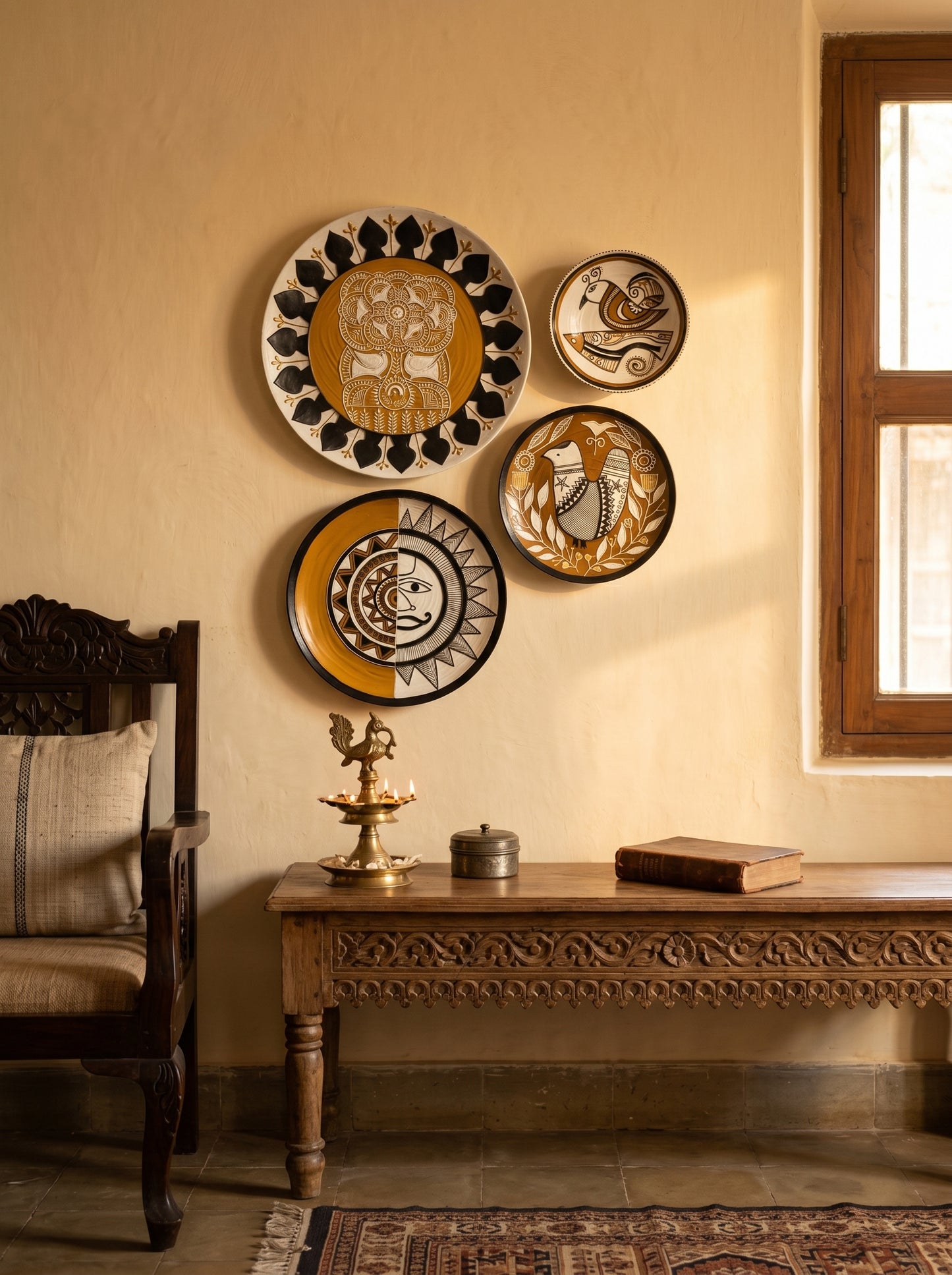 Handcrafted Tribal-Inspired Wall Plate Set (4 Pieces)