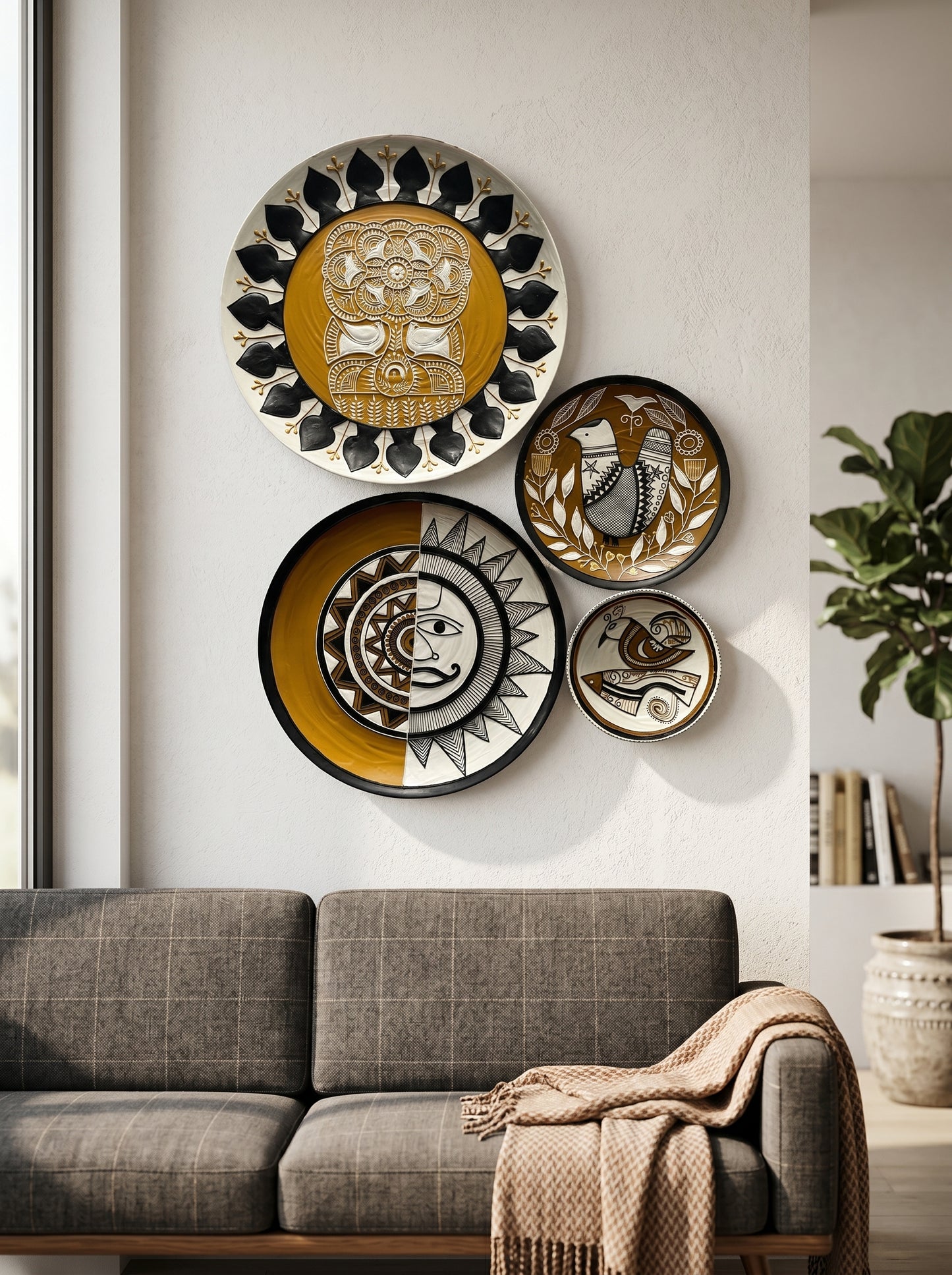 Handcrafted Tribal-Inspired Wall Plate Set (4 Pieces)