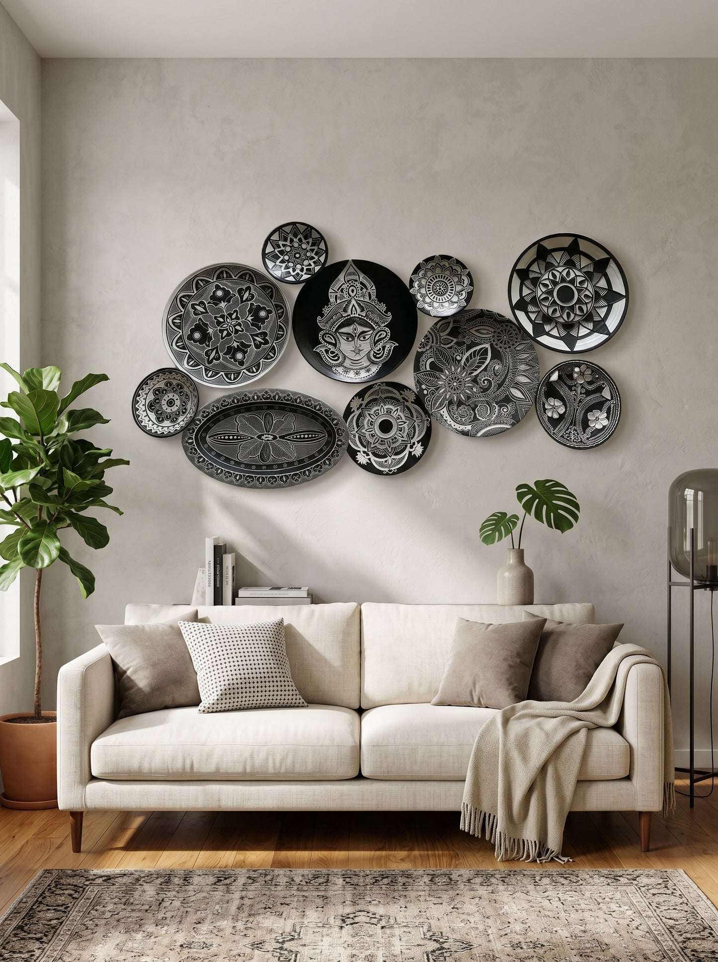 Handcrafted Black & White Wall Plate Set (10 Pieces) Set 25