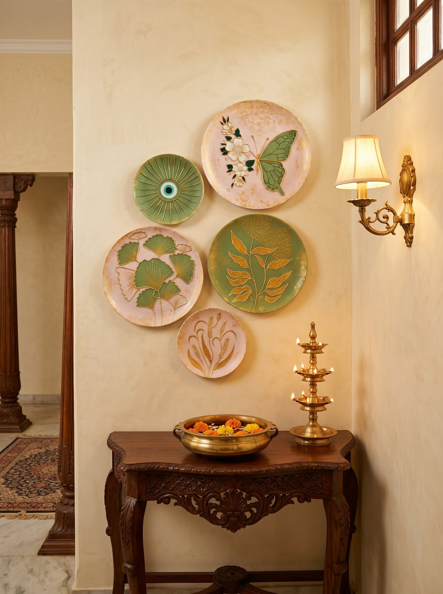 “Emerald Bloom Collection – Artistic Wall Plates (Set of 5)”
