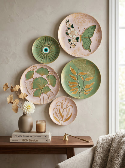 “Emerald Bloom Collection – Artistic Wall Plates (Set of 5)”