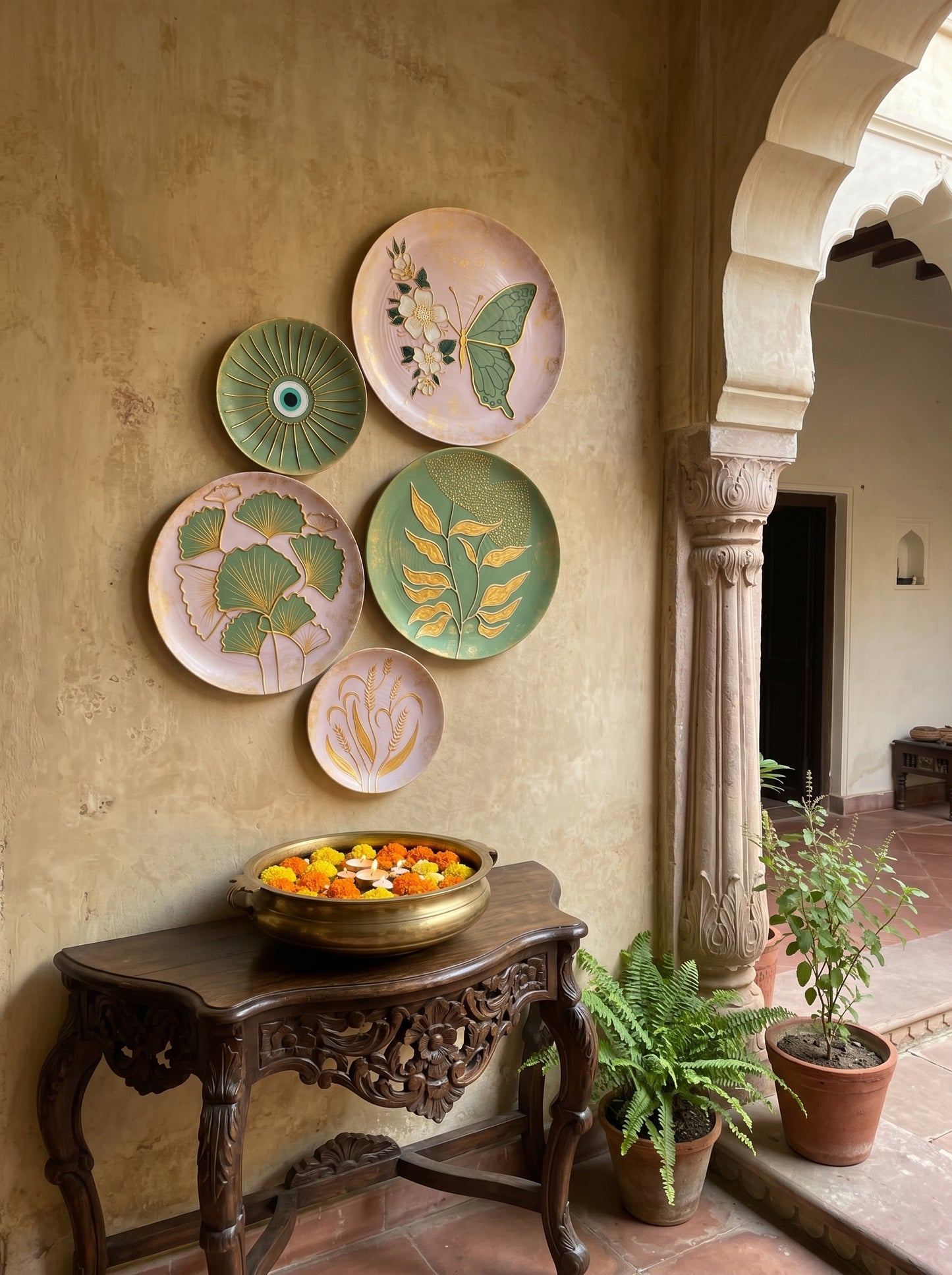 “Emerald Bloom Collection – Artistic Wall Plates (Set of 5)”