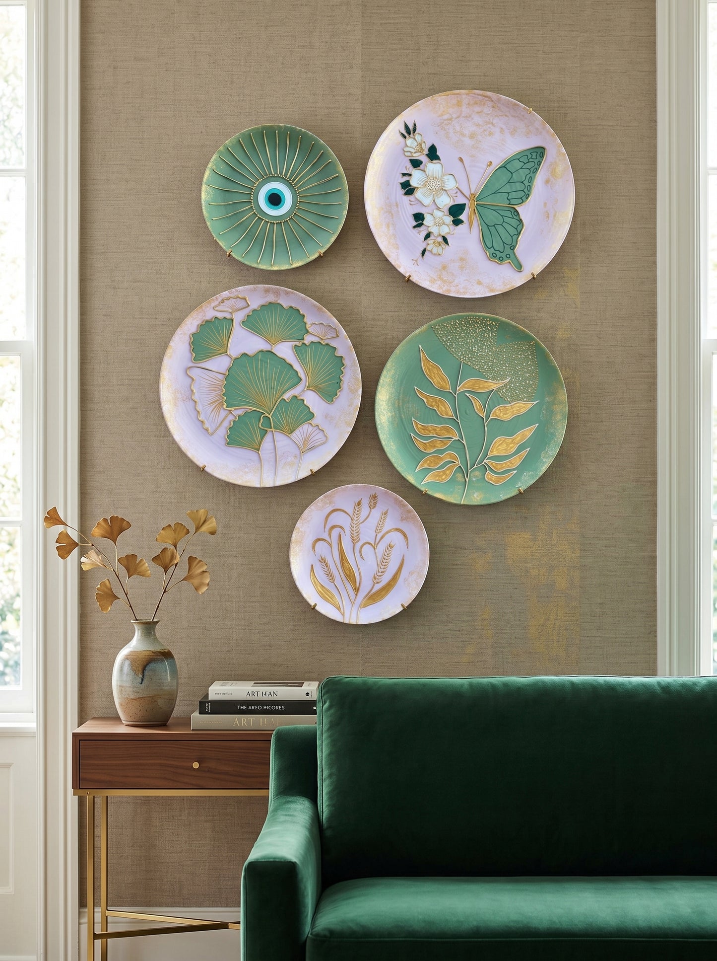 “Emerald Bloom Collection – Artistic Wall Plates (Set of 5)”