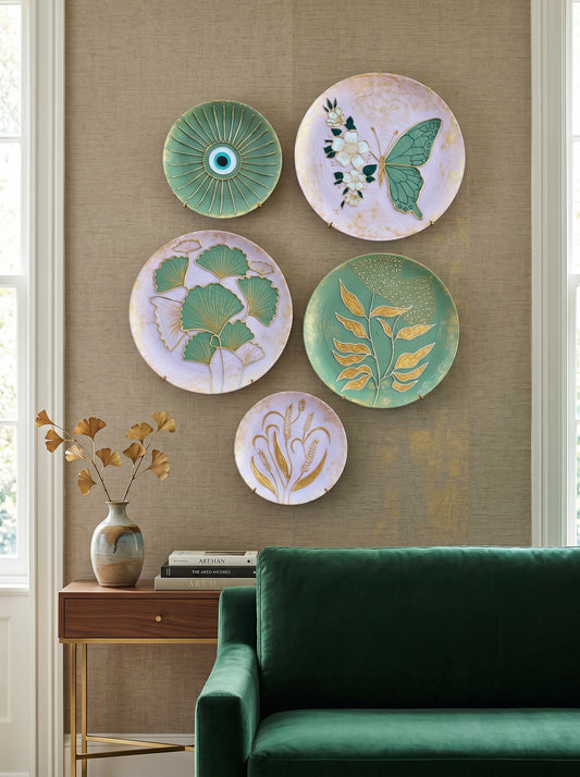 “Emerald Bloom Collection – Artistic Wall Plates (Set of 5)”