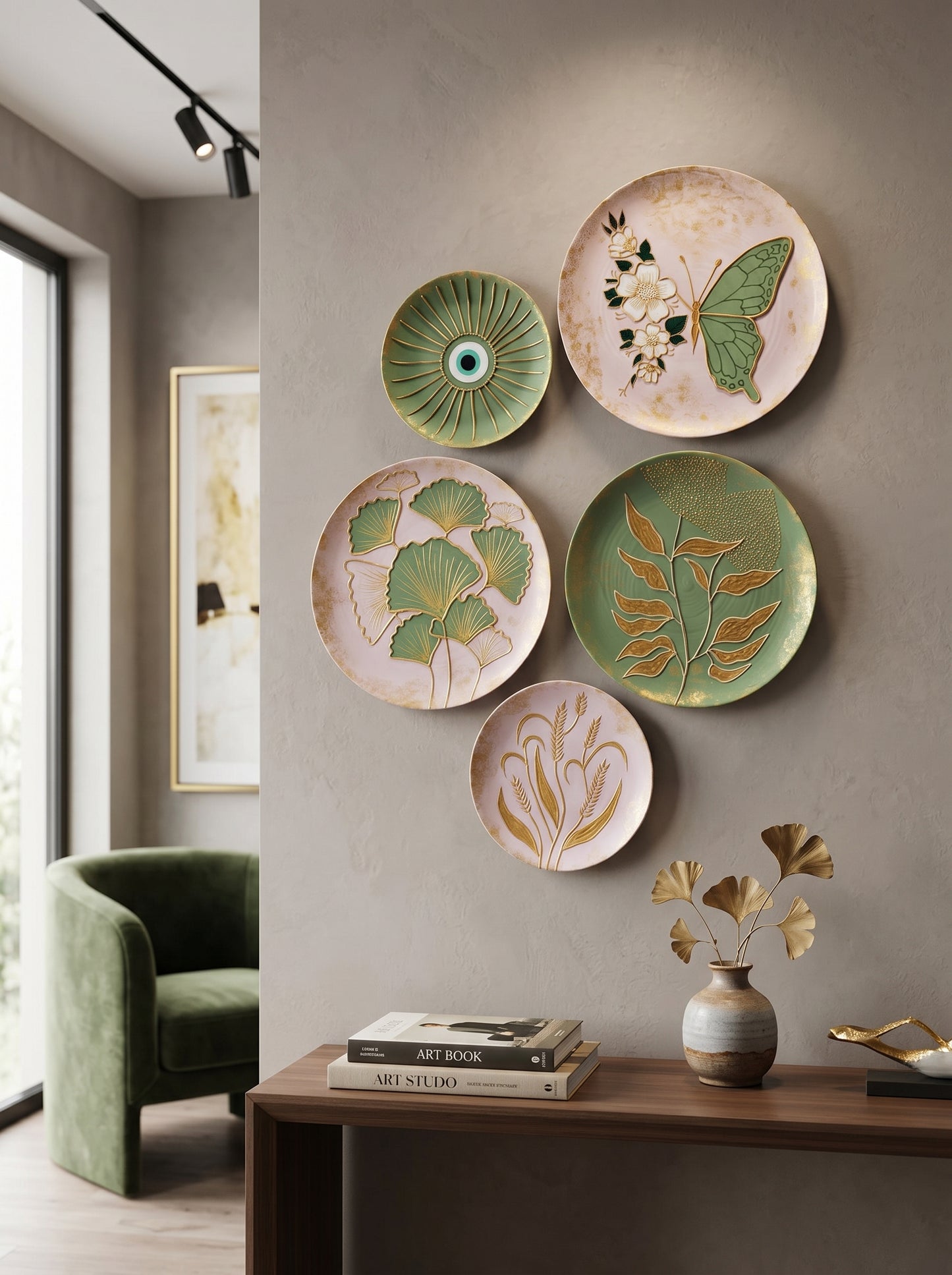 “Emerald Bloom Collection – Artistic Wall Plates (Set of 5)”