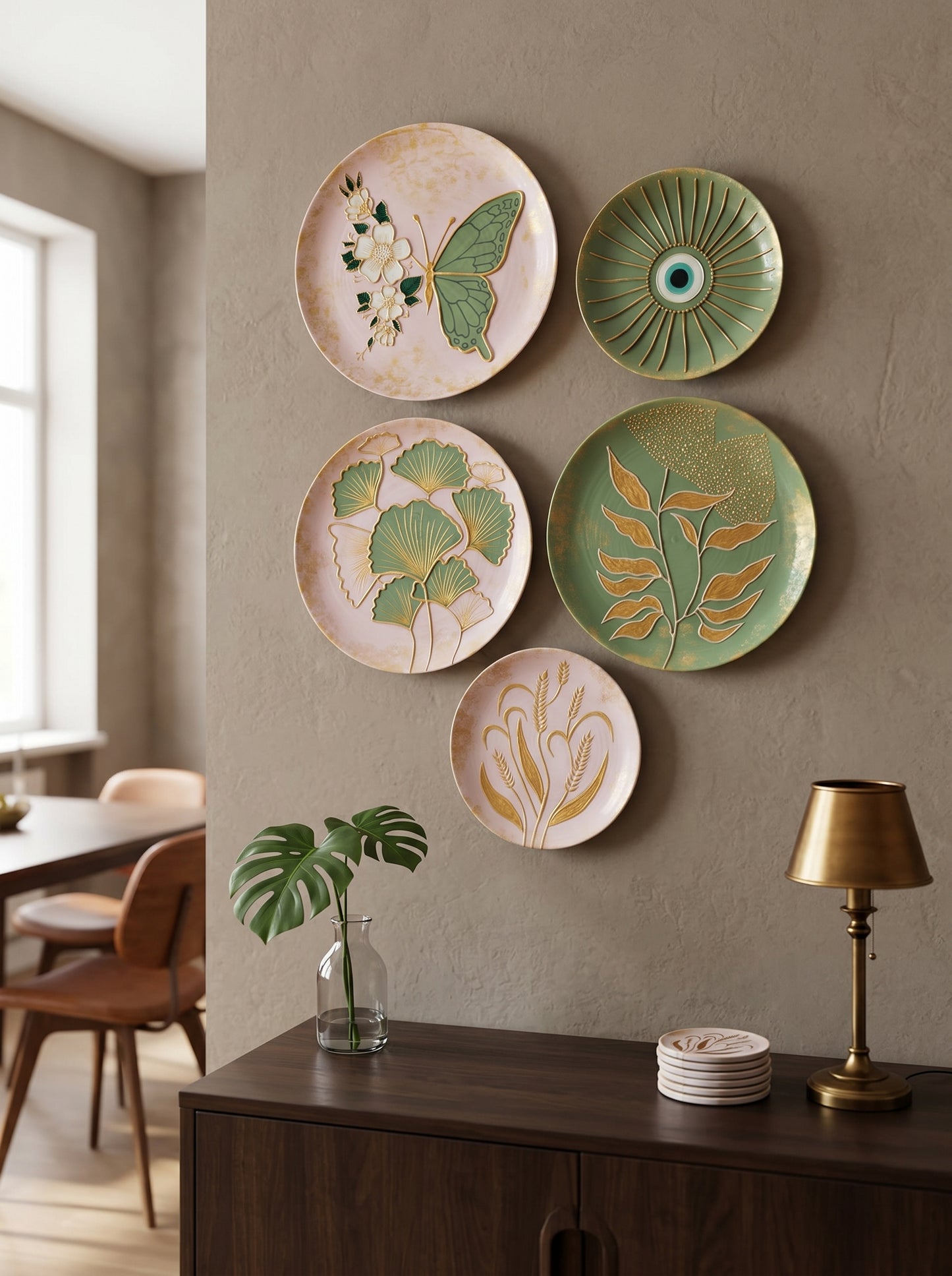 “Emerald Bloom Collection – Artistic Wall Plates (Set of 5)”