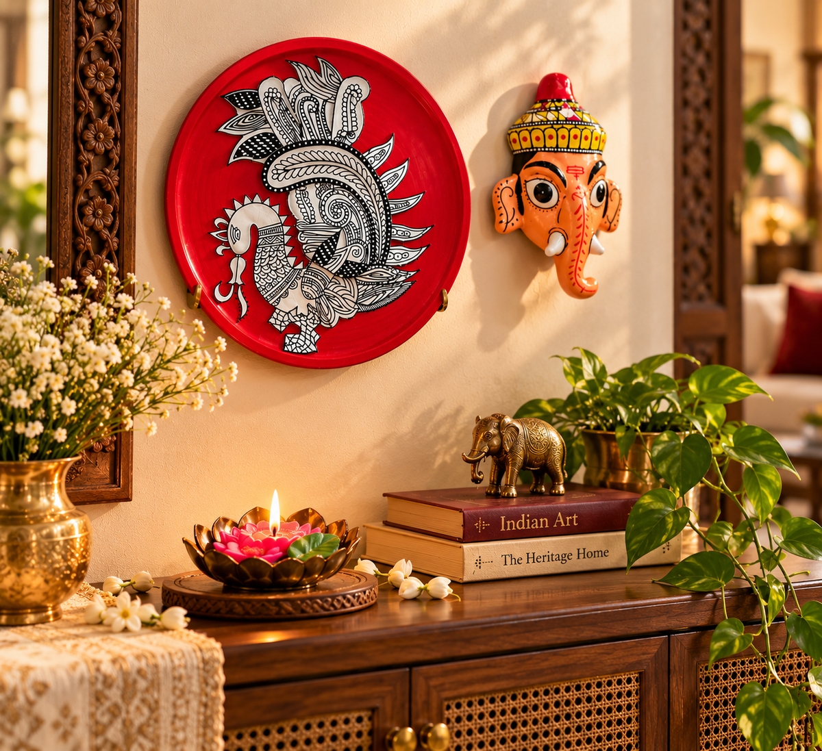 Indian Heritage Gift Hamper – Handcrafted Peacock Folk Art, Ganesha Cherial Mask and Candle / Culture Aisle India