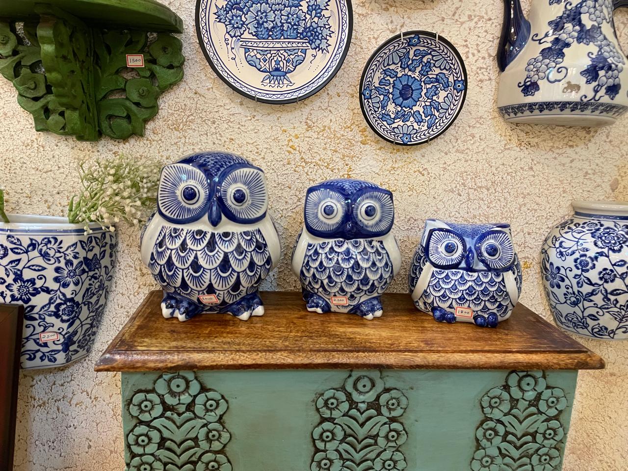 Ceramic Owl Trio – Indigo Blue Décor Set (Set of 3)