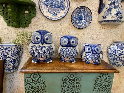 Ceramic Owl Trio – Indigo Blue Décor Set (Set of 3)