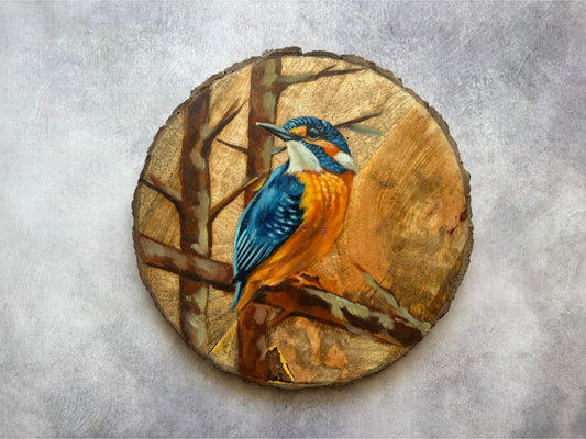 Kingfisher Harmony – Handpainted Wooden Log Art