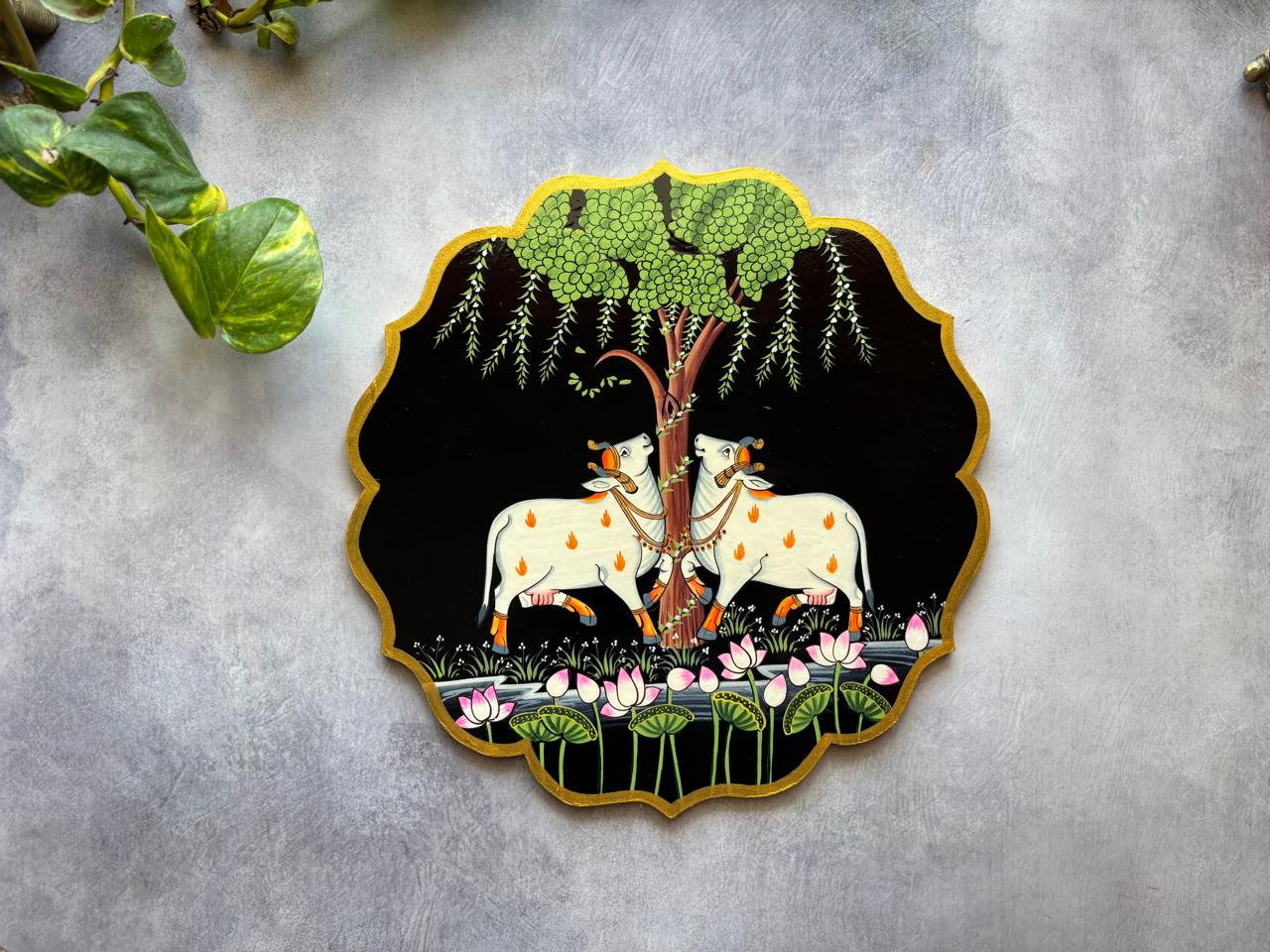 Tree of Harmony – Handpainted Pichwai Cow Wallplate (12 Inch MDF Wooden Wall Decor)